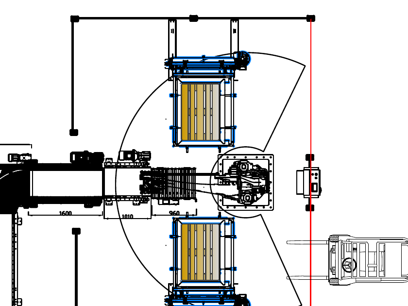 Чертёж: двухпоточная линия — две линии подачи к одному роботу